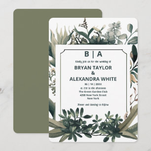 Sage Green Succulent Botanical Monogram Wedding In Invitation