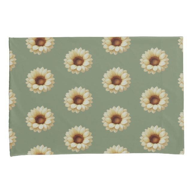 Sage Green Sunflower Floral Pillowcase Set (Front-Right)