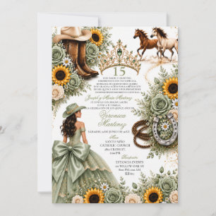 Sage Green Sunflower Rose Vaquera Quinceañera Invitation