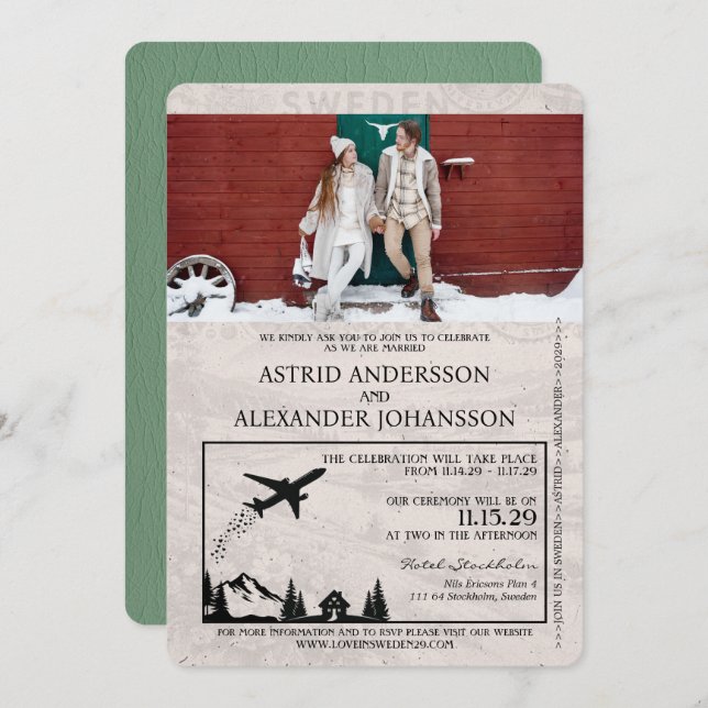 Sage Green Sweden Passport Wedding Invitation (Front/Back)