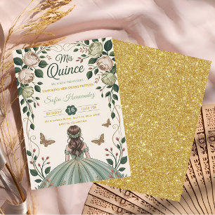 Sage Green Sweet 15 Gold Crown Butterfly Invitation