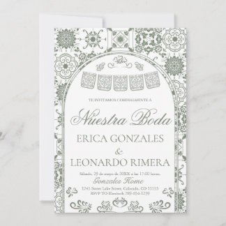Sage Green Talavera Papel Picado Spanish Wedding Invitation