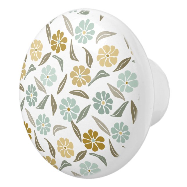 Sage green tan retro floral pattern ceramic knob (Right)