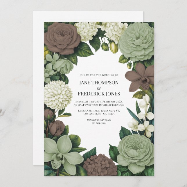 Sage Green, Taupe & Ivory Floral Wedding Invitation (Front/Back)