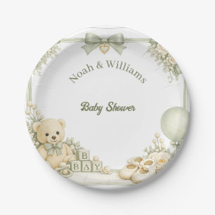 Sage Green Teddy Bear Baby Shower Paper Plates