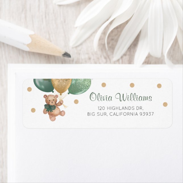 Sage Green Teddy Bear Baby Shower Return Address Label (Insitu)