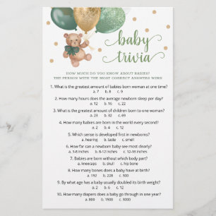 Sage Green Teddy Bear Baby Trivia Game Baby Shower