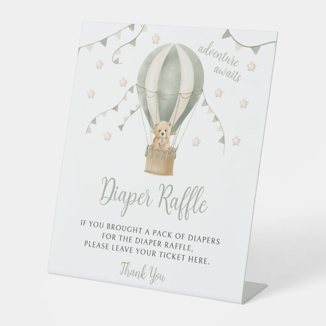 Sage Green Teddy Bear Balloon Baby Diaper Raffle Pedestal Sign (Front)