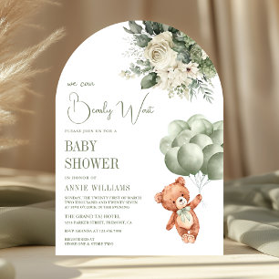 Sage Green Teddy Bear Balloons Floral Baby Shower Invitation