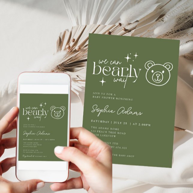 Sage Green Teddy Bear Can Bearly Wait Baby Shower Invitation (Creator Uploaded)