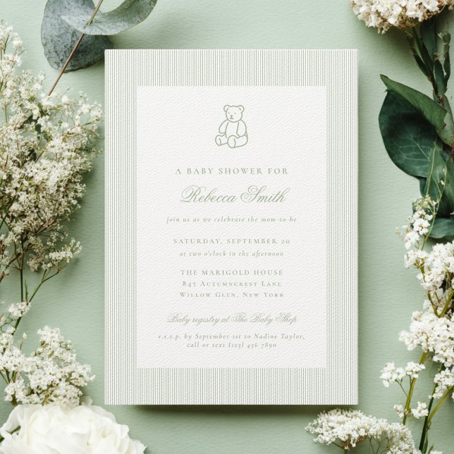 Sage Green Teddy Bear Preppy Elegant Baby Shower Invitation (Creator Uploaded)