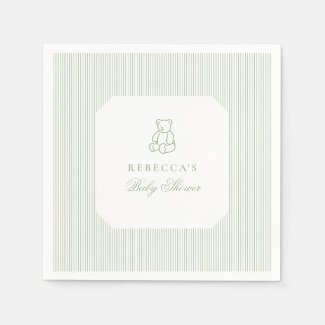 Sage Green Teddy Bear Preppy Elegant Baby Shower Napkin (Front)