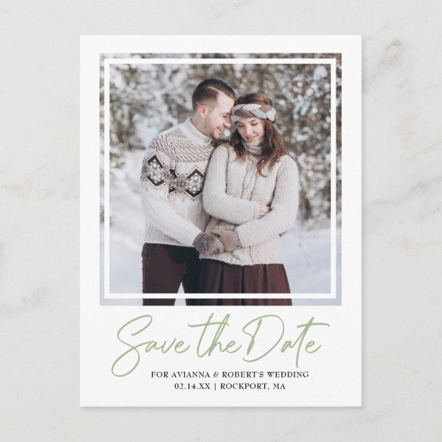  Sage Green Text and Photo Save the Date Announcem Announcement Postcard (Front)