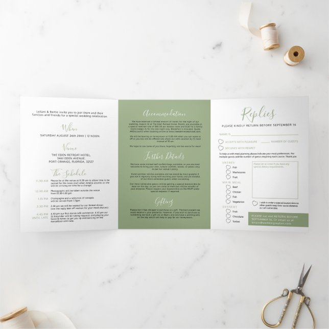 Sage green text and white little heart wedding Tri-Fold invitation (Inside)