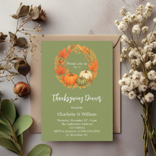 Sage green thanksgiving dinner orange pumpkin invitation