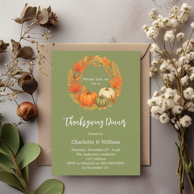 Sage green thanksgiving dinner orange pumpkin invitation (Creator Uploaded)
