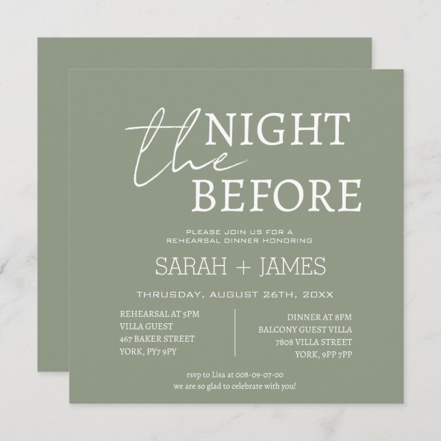 Sage Green the Night Before Rehearsal Dinner  Invitation (Front/Back)