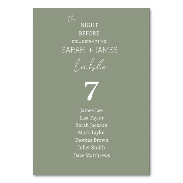Sage Green the Night Before Wedding Seating Chart Table Number (Front)