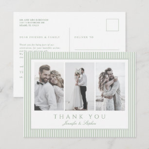 Sage Green Three Photo Wedding Thank You Postcard
