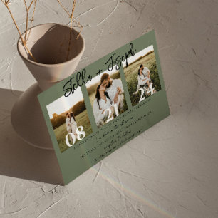 Sage Green Three Photos Collage Boho Chic Wedding Invitation