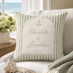 Sage Green Ticking Stripe Custom Couple Names Cushion