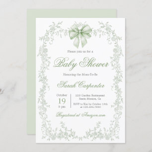 Sage Green Toile and Bow Baby Shower Invitation