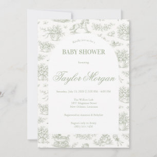Sage Green Toile Baby Shower Invitation Classic