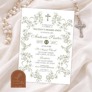 Sage Green Toile Baptism Boy Invitation