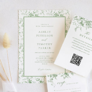 Sage Green Toile Classic Floral Wedding  Invitation