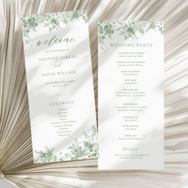 Sage Green Toile Classic Floral Wedding Program (Creator Uploaded)