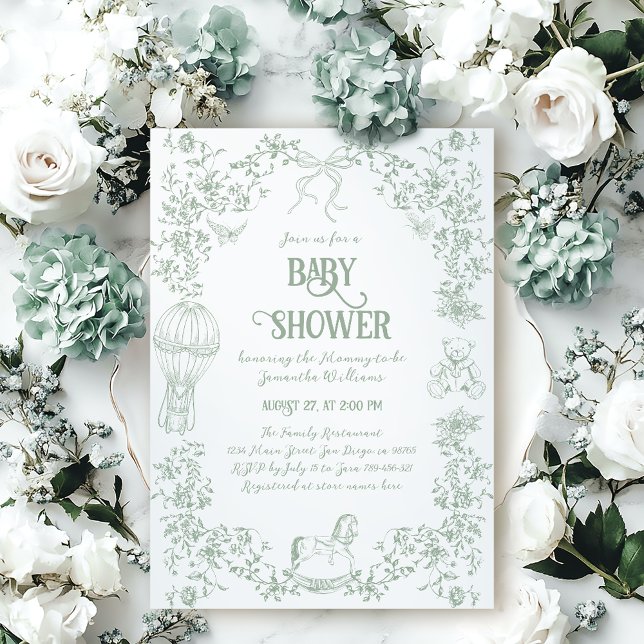 Sage Green Toile Floral Bow Bear Baby Shower Invitation (Creator Uploaded)