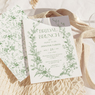 Sage Green Toile Floral Bridal Brunch  Invitation