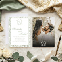 Sage Green Toile Floral Monogram Photo Wedding