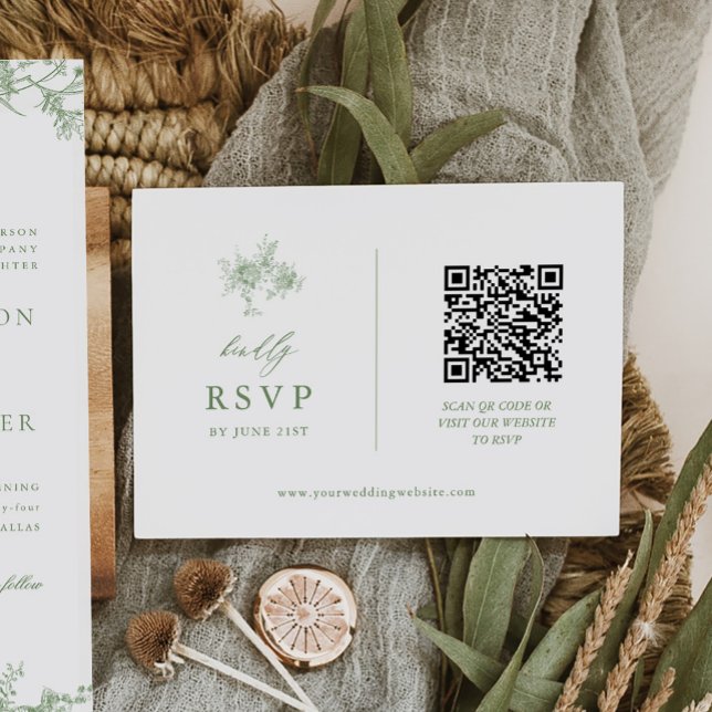 Sage Green Toile Floral Wedding QR Code RSVP Card (Creator Uploaded)
