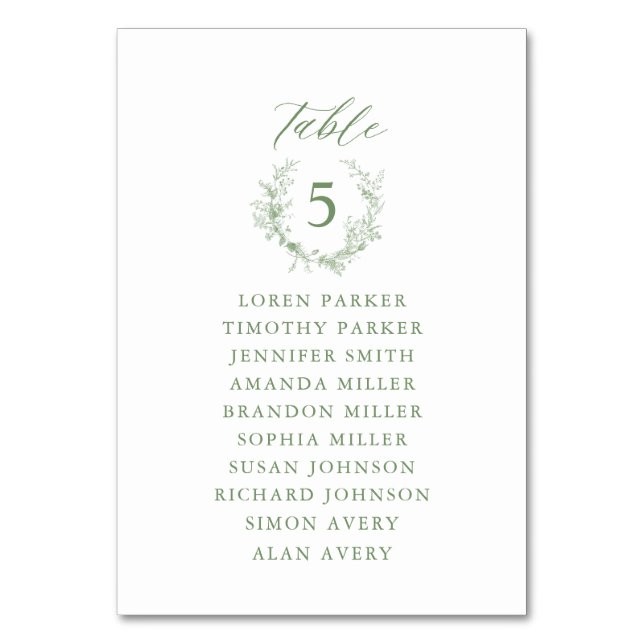 Sage Green Toile Floral Wedding Seating Chart Table Number (Front)