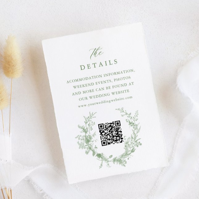 Sage Green Toile French Floral QR Wedding Details Enclosure Card (Creator Uploaded)
