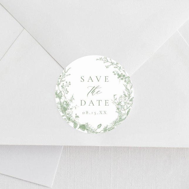 Sage Green Toile Victorian Wedding Save The Date Classic Round Sticker (Creator Uploaded)