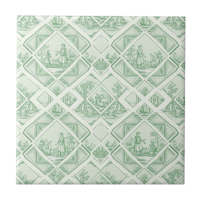 Sage Green Toile with Pastoral Scenes Ceramic Tile (Front)