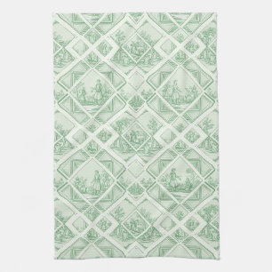 Sage Green Toile with Pastoral Scenes Tea Towel