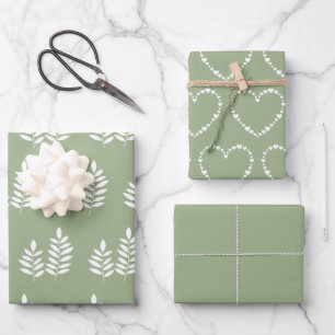 Sage Green Trendy Minimalist Simple Heart Elegant Wrapping Paper Sheet
