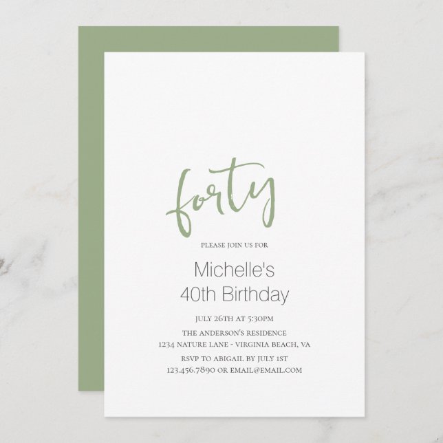 Sage Green Trendy Modern Minimalist 40th Birthday Invitation (Front/Back)