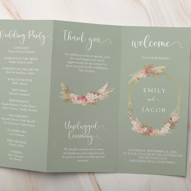 Sage green Tri-fold floral wedding program Flyer (Creator Uploaded)