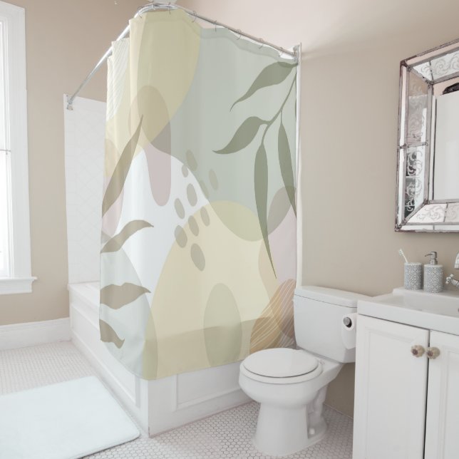 Sage Green Tropical Bohemian Shower Curtain (In Situ)