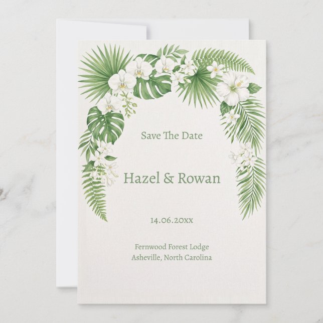 Sage Green Tropical Botanical Save the Date Invitation (Front)