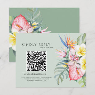 Sage Green Tropical Floral Hawaii QR Code Wedding RSVP Card