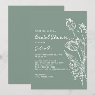 Sage Green Tulip Line Art Garden Bridal Shower Invitation