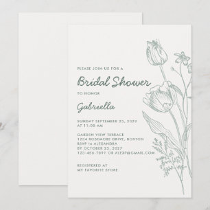 Sage Green Tulip Line Art Garden Bridal Shower Invitation