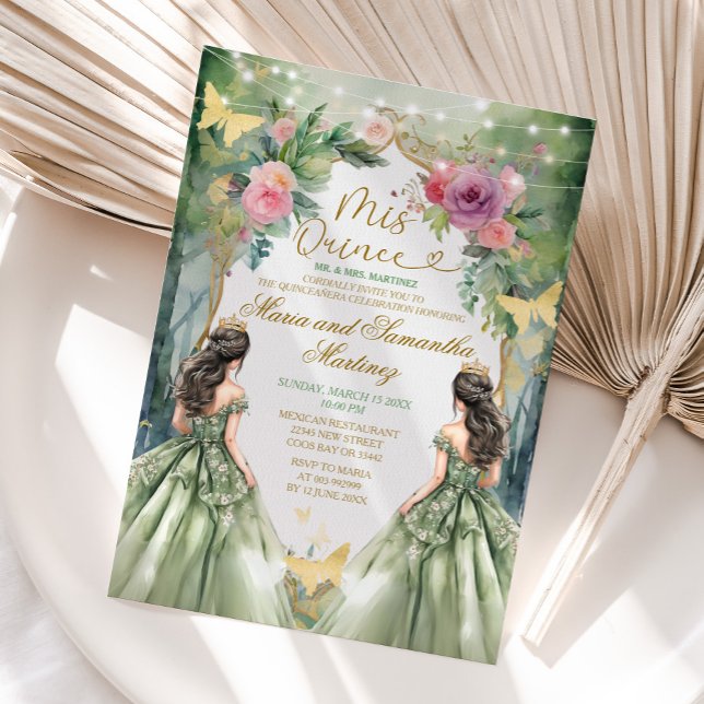 Sage Green Twin Royal Princess Forest Quinceañera Invitation (Creator Uploaded)