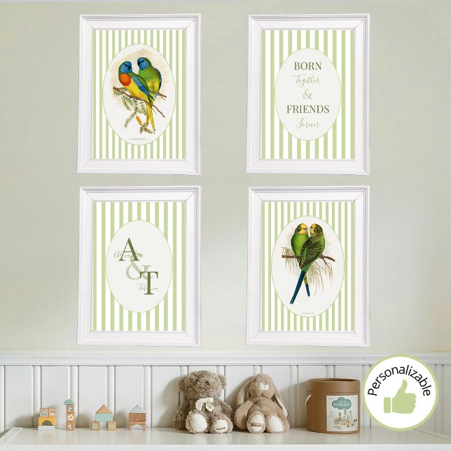 Sage Green Twins Lovebirds Baby Nursery Decor (Soft Pastel Sage Green Twins Lovebirds Boy Girl Gender Neutral Baby Nursery Decor Wall Art Sets)