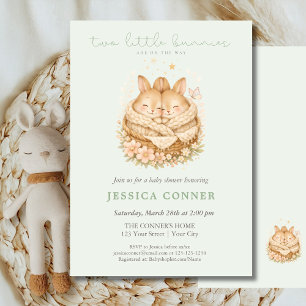 Sage Green Two Little Bunnies Baby Shower  Invitation
